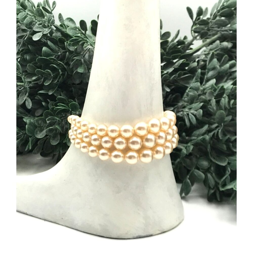 Vintage Faux Pearl Triple Strand Bracelet With Rhinestone Clasp *See notes
